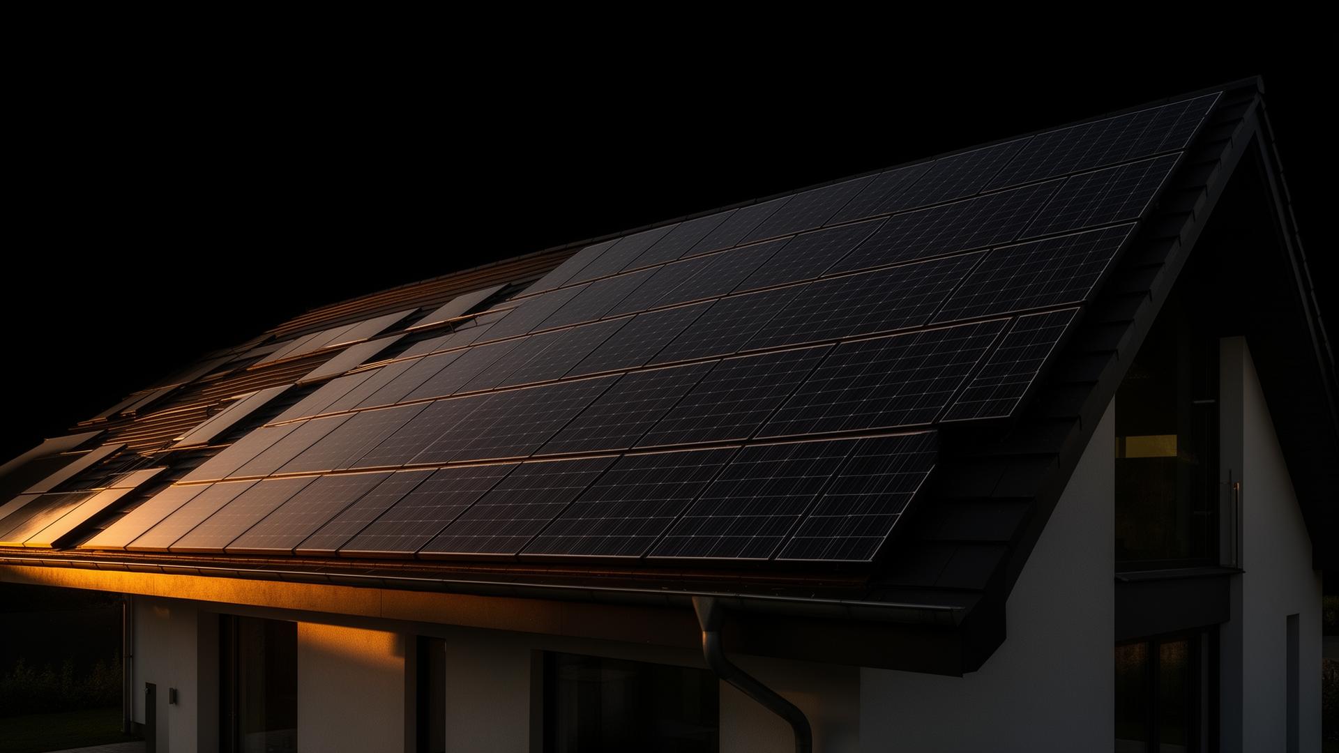 Photovoltaik-Anlage auf modernem Einfamilienhaus in der Abenddämmerung